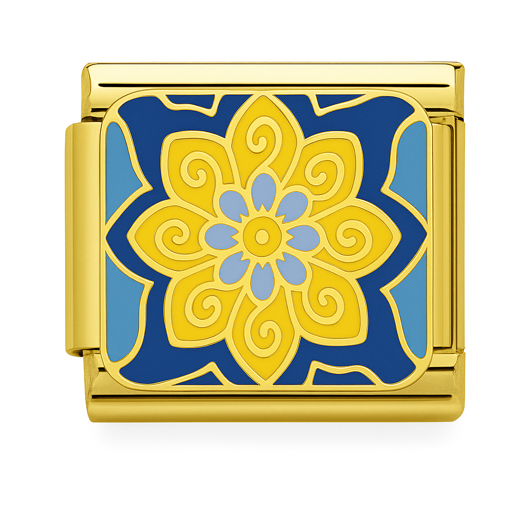 Blumiges Ornament in Blau & Gelb