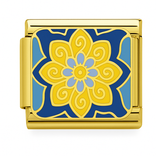 Blumiges Ornament in Blau & Gelb